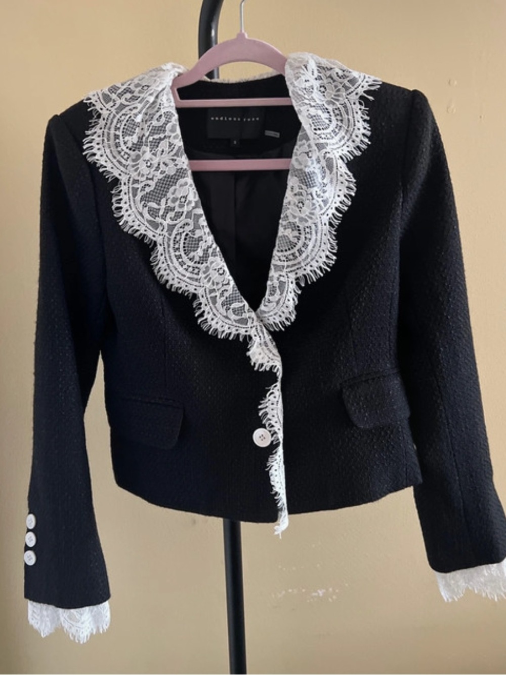 NWOT Anthropologie Endless Rose Lace-Trim Cropped Blazer Jacket